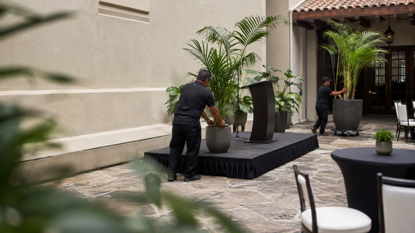 Equipo colocando palmas en maceta para un evento en patio de hotel