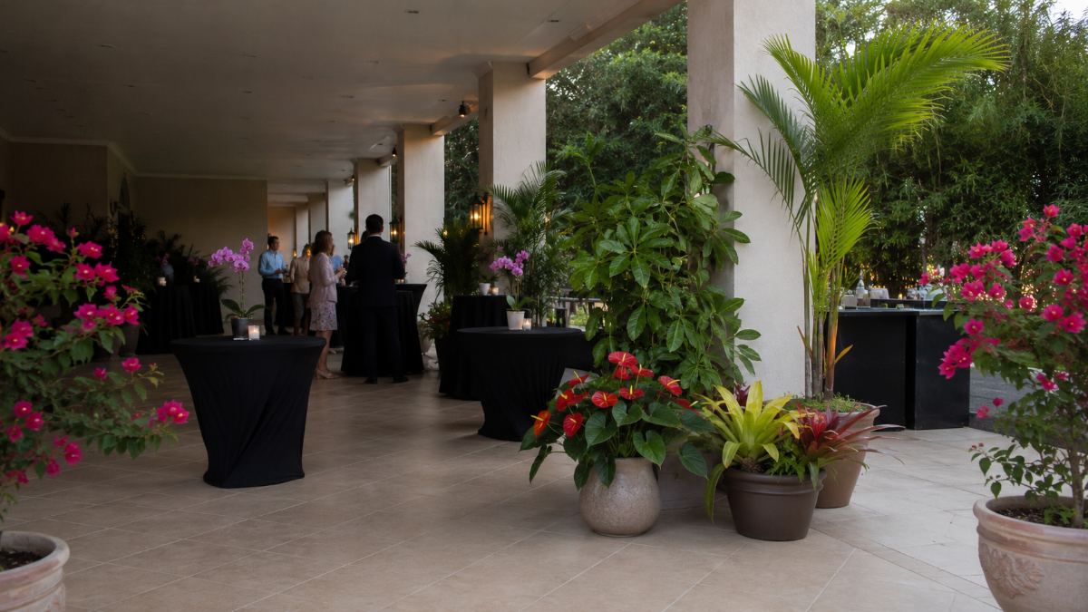 Cóctel en una terraza con mesas altas de mantel negro y arreglos de anturios, bromelias y orquídeas en maceta