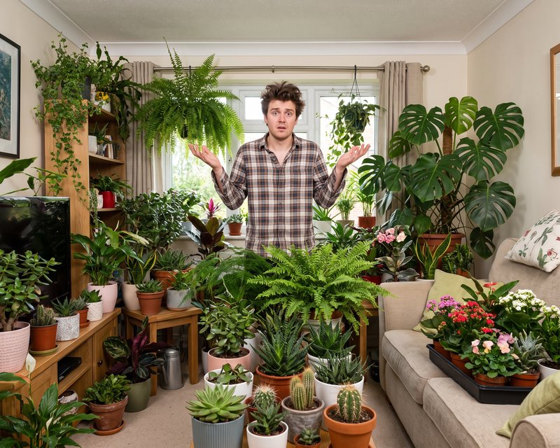 Persona rodeada de cientos de plantas en maceta, confundida eligiendo la ideal